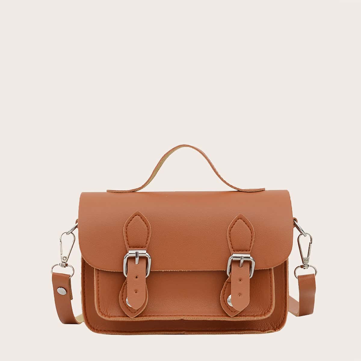 

Solid Buckle Satchel Bag, Brown