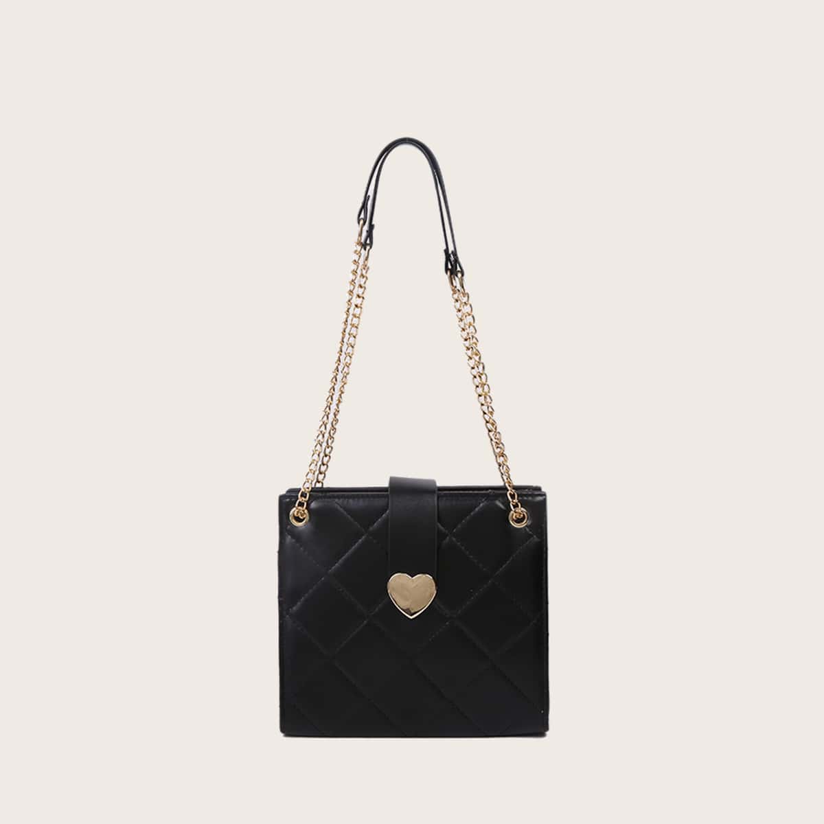 

Quilted Heart Chain Crossbody Bag, Black