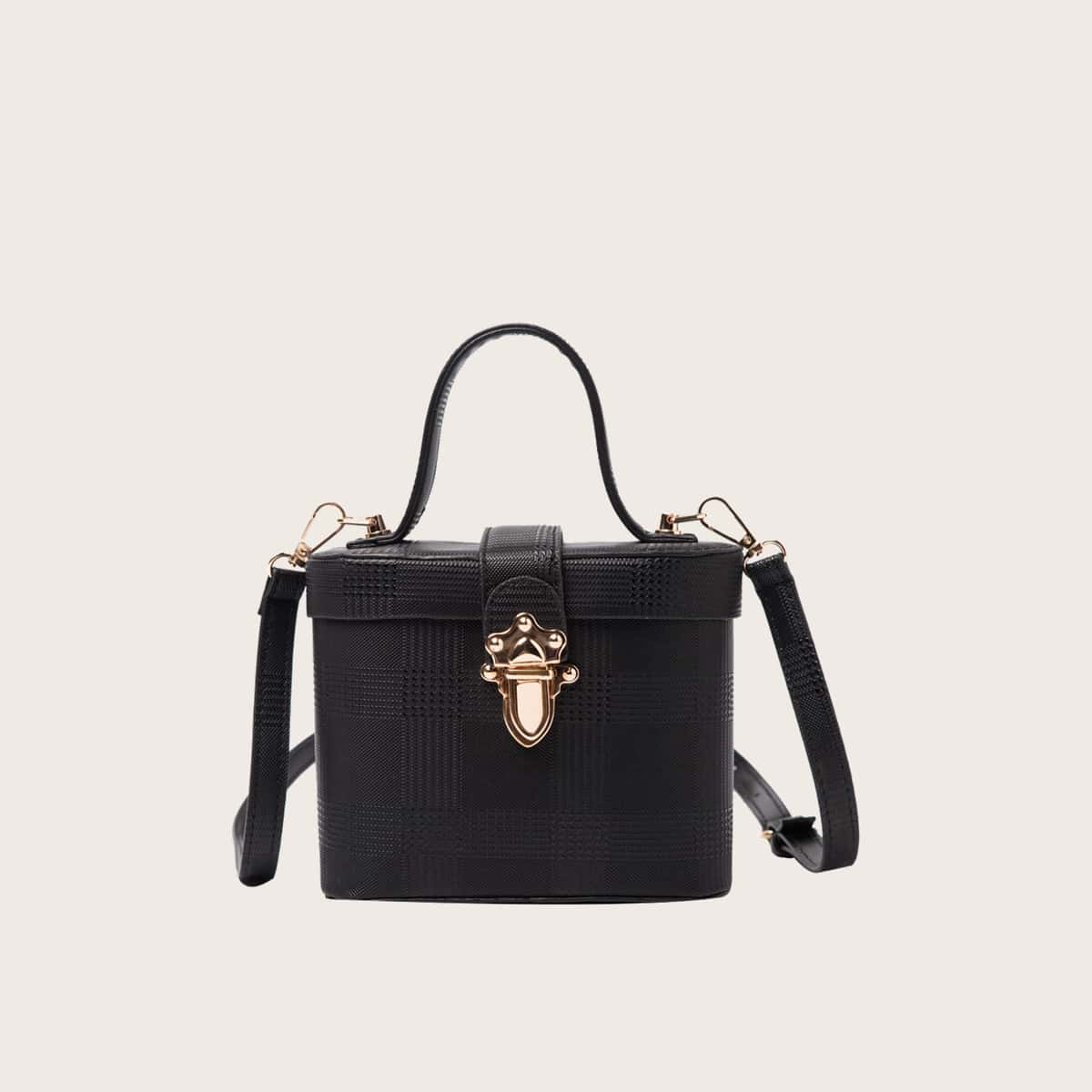 

Houndstooth Push Lock Satchel Bag, Black