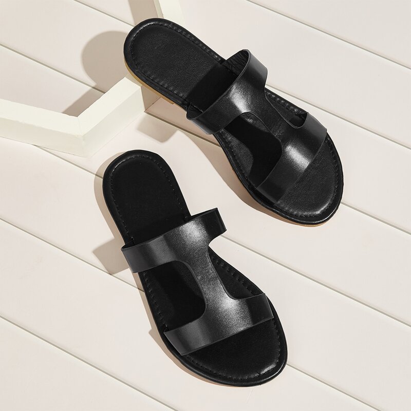 

Open Toe Leather Slippers, Black
