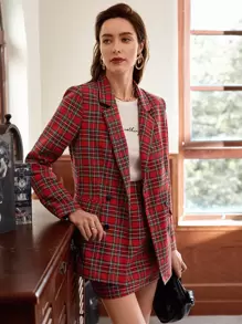 SHEIN Privé Notched Collar Double Breasted Tartan Blazer & Skirt Set In Fall/Winter - Burgundy - View 3