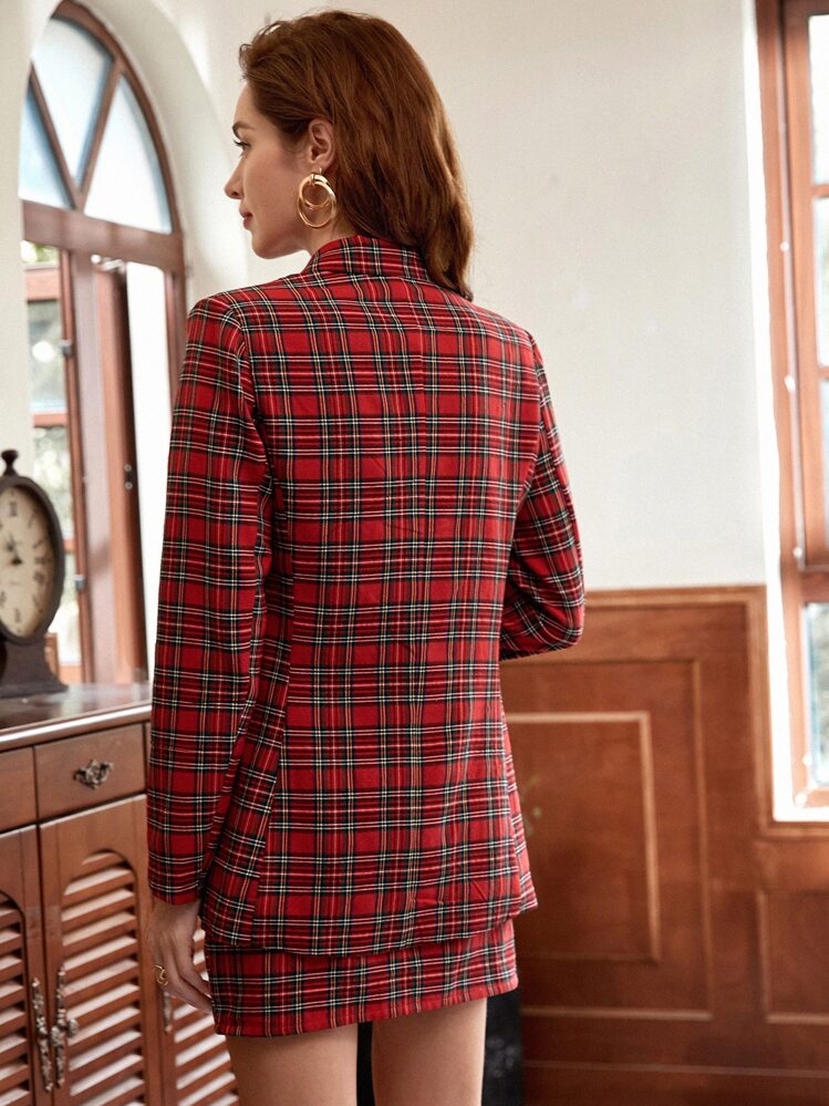 SHEIN Privé Notched Collar Double Breasted Tartan Blazer & Skirt Set In Fall/Winter - Burgundy - View 2