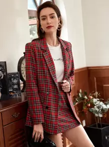 SHEIN Privé Notched Collar Double Breasted Tartan Blazer & Skirt Set In Fall/Winter - Burgundy - View 4