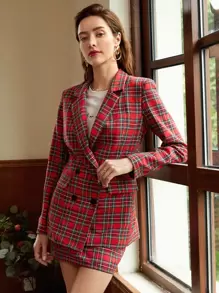 SHEIN Privé Notched Collar Double Breasted Tartan Blazer & Skirt Set In Fall/Winter - Burgundy - View 5