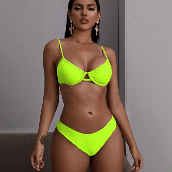 

Neon Lime Cut-out Underwire Bikini Swimsuit, Neon lime green