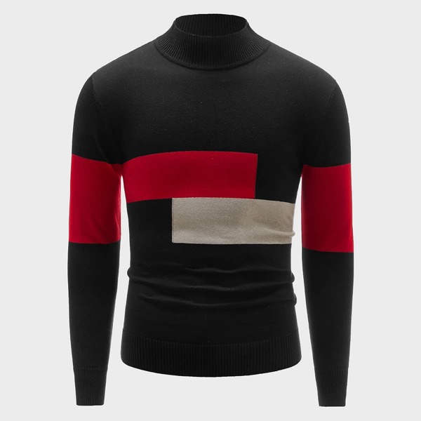 

Men Color Block Stand Collar Sweater, Multicolor