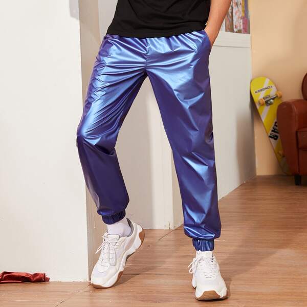 

Men Metallic Drawstring Waist Pants, Blue