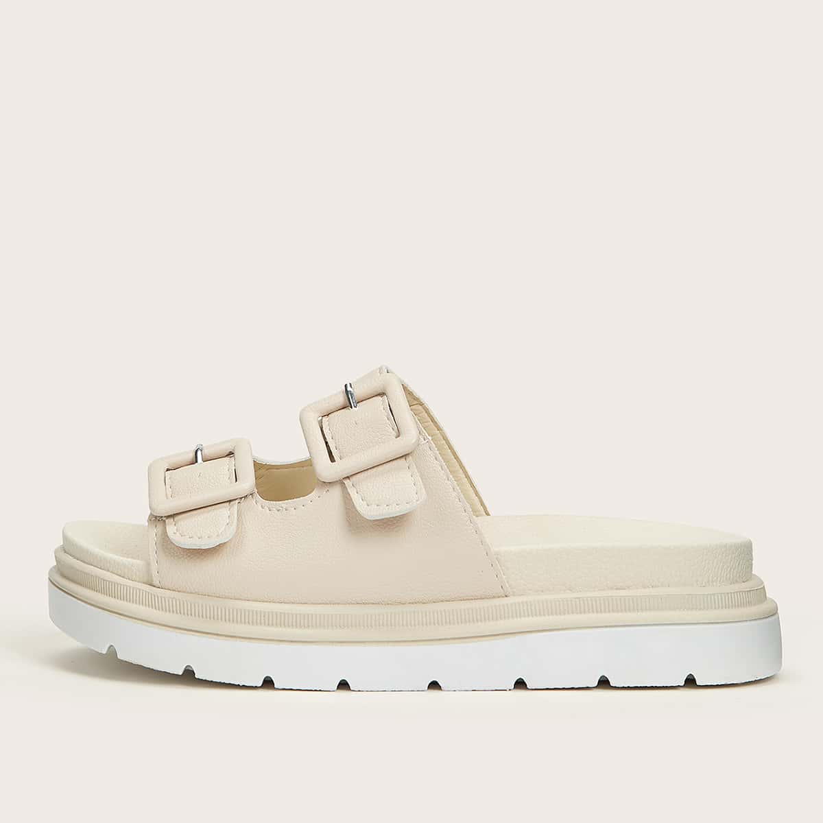 

Buckle Decor Wide Band Slippers, Beige
