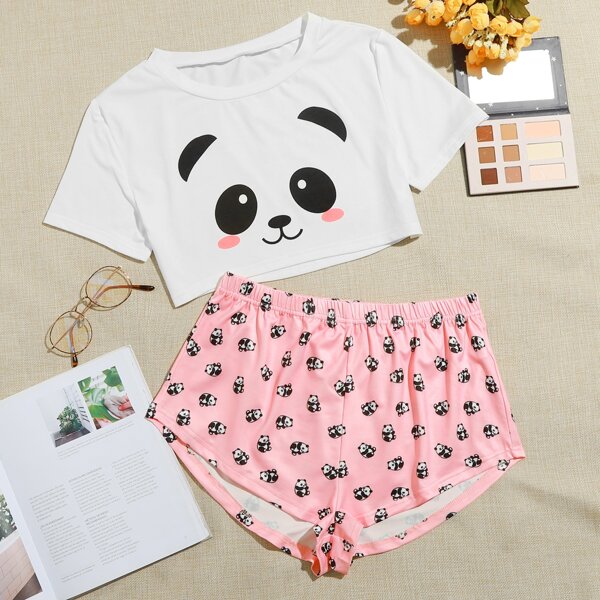 

Cartoon Panda Print Pajama Set, Multicolor