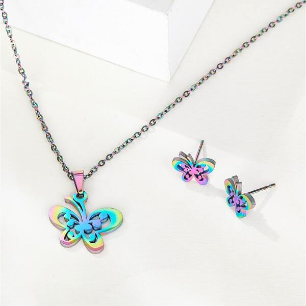 

1pc Butterfly Charm Necklace & 1pair Stud Earrings, Multicolor