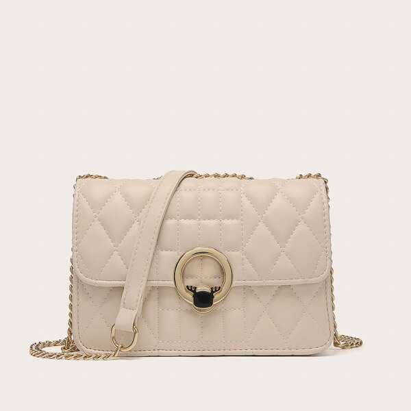 

Quilted Chain Crossbody Bag, Beige