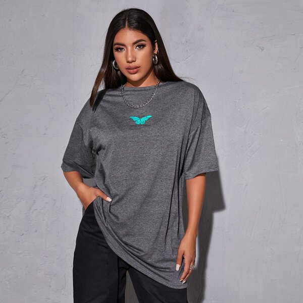 

Letter & Butterfly Graphic Longline Tee, Dark grey