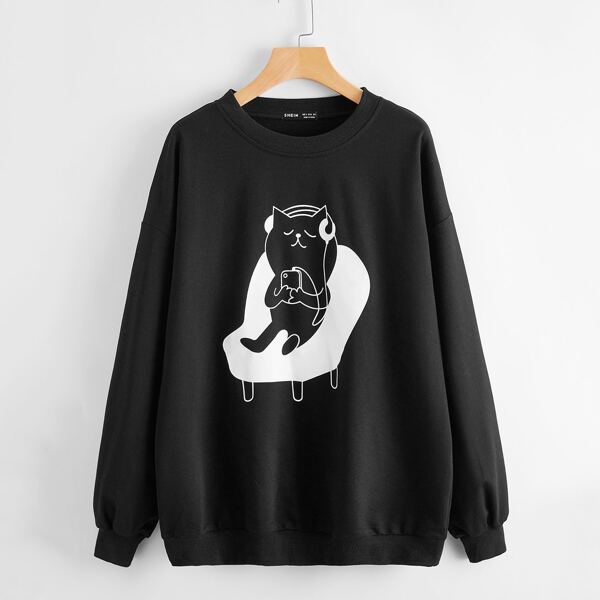 

Cartoon Graphic Drop Shoulder Sweatshirt, Black