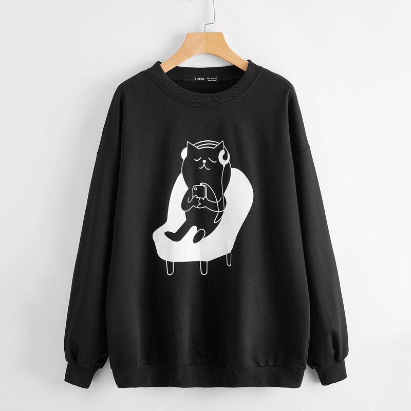 

Cartoon Graphic Drop Shoulder Sweatshirt, Black