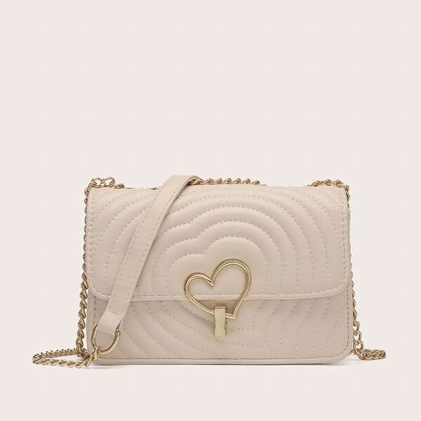 

Heart Shaped Lock Chain Crossbody Bag, Beige