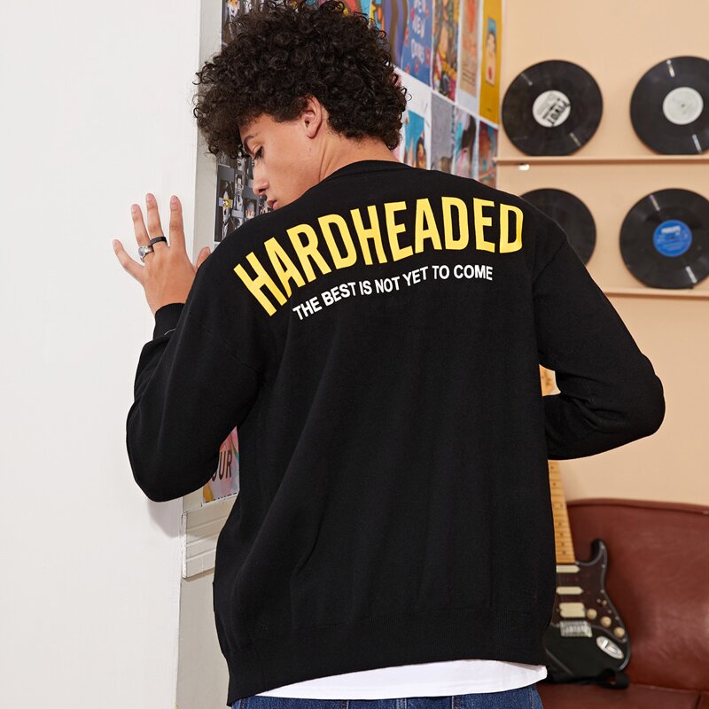 

Guys Slogan Graphic Button Up Cardigan, Black