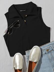 Muchica Ribbed Half-Button Placket Cropped Tank Top - Black - View 1