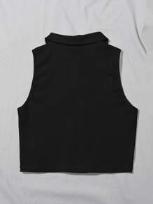 Muchica Ribbed Half-Button Placket Cropped Tank Top - Black - View 2