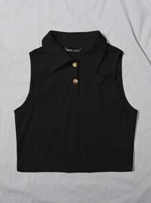 Muchica Ribbed Half-Button Placket Cropped Tank Top - Black - View 5