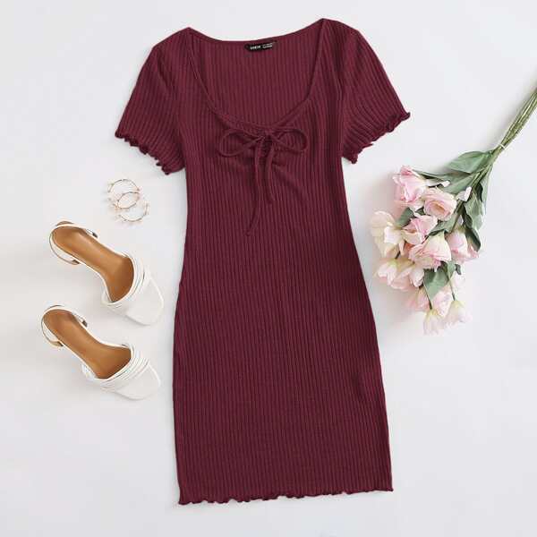 

Ruched Knot Front Lettuce Trim Rib-knit Dress, Maroon