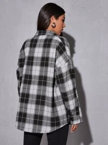 SHEIN Unity 落肩袖格紋弧形下擺超大襯衫 - 黑與白 - 查看 2