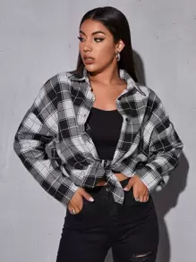 SHEIN Unity 落肩袖格紋弧形下擺超大襯衫 - 黑與白 - 查看 3