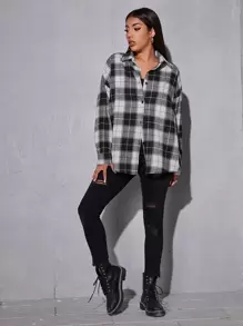 SHEIN Unity 落肩袖格紋弧形下擺超大襯衫 - 黑與白 - 查看 4