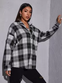 SHEIN Unity 落肩袖格紋弧形下擺超大襯衫 - 黑與白 - 查看 5