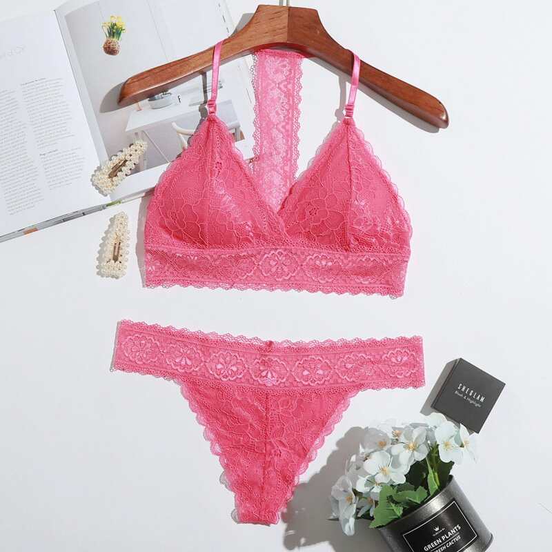 

Floral Lace T Strap Lingerie Set, Pink
