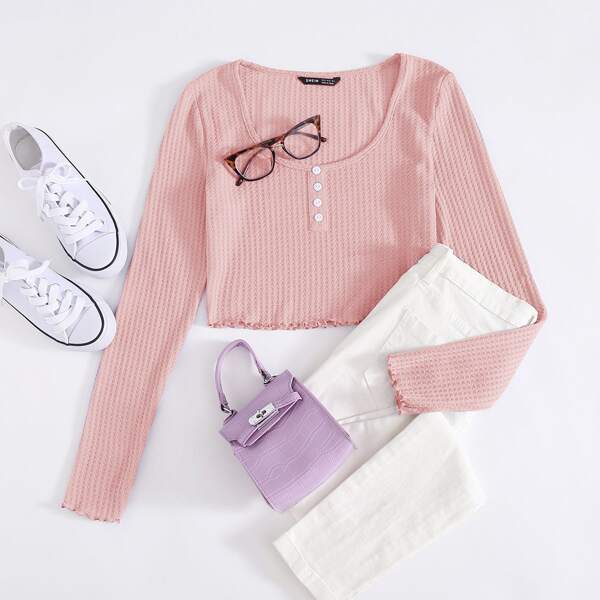 

Lettuce Trim Button Front Waffle Knit Tee, Pastel baby pink