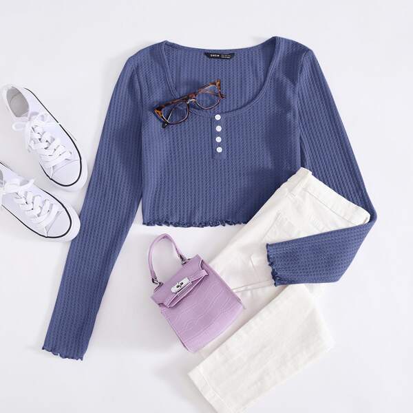 

Lettuce Trim Button Front Waffle Knit Tee, Navy blue