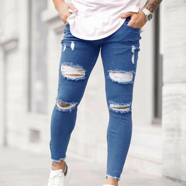 

Men Ripped Raw Hem Jeans, Medium wash
