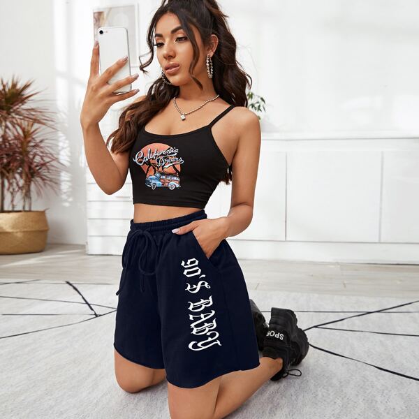 

Drawstring Waist Letter Graphic Shorts, Navy blue