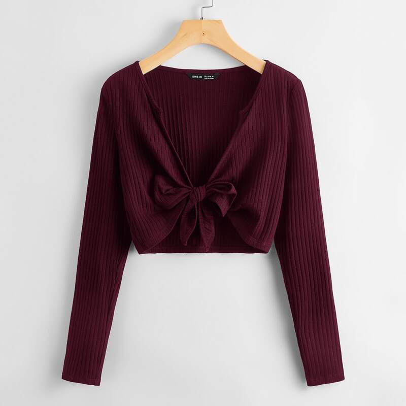 

Tie Front Rib-knit Solid Top, Maroon