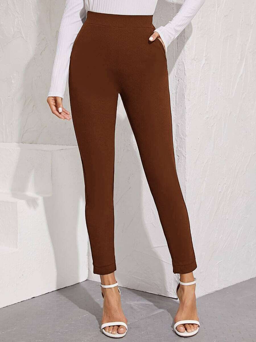 SHEIN Essnce Slant Pocket Detail Slit Hem Skinny Pants - Chocolate Brown - View 1