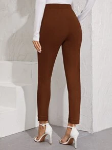 SHEIN Essnce Slant Pocket Detail Slit Hem Skinny Pants - Chocolate Brown - View 2