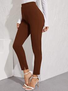 SHEIN Essnce Slant Pocket Detail Slit Hem Skinny Pants - Chocolate Brown - View 4