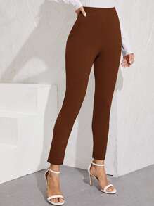 SHEIN Essnce Slant Pocket Detail Slit Hem Skinny Pants - Chocolate Brown - View 5