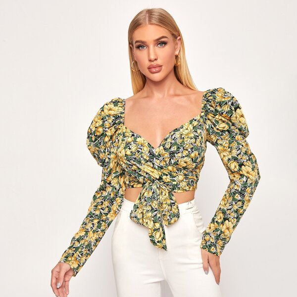 

Gigot Sleeve Wrap Belted Floral Top, Multicolor