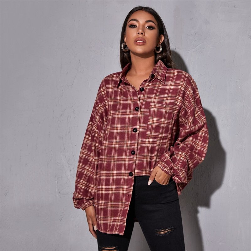 

Drop Shoulder Patch Pocket Plaid Oversized Longline Blouse, Multicolor