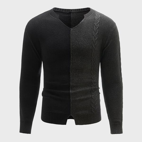 

Men Notch Neck Cable Knit Two Tone Sweater, Multicolor