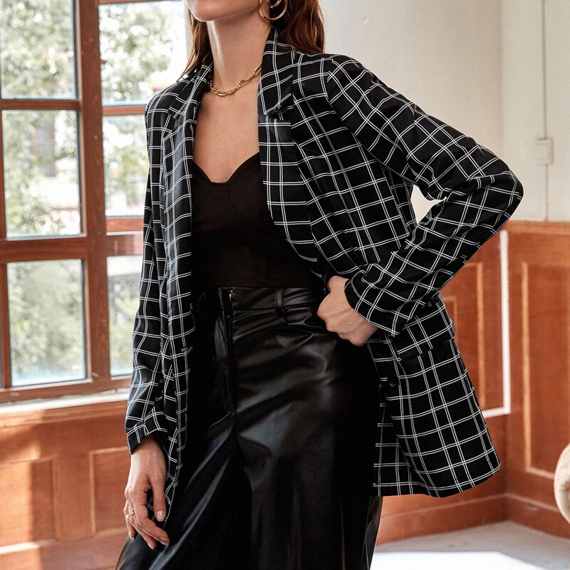 

Lapel Neck Plaid Blazer, Black