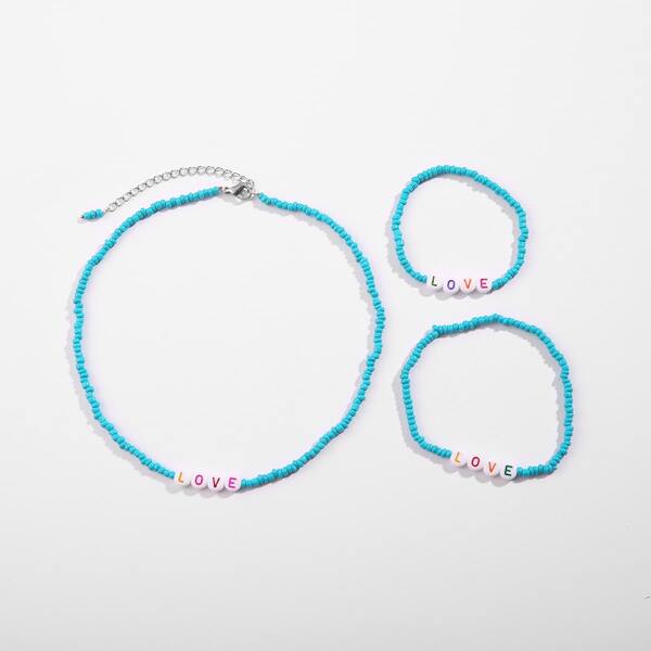

3pcs Girls Letter Decor Beaded Necklace & Bracelet & Anklet, Blue