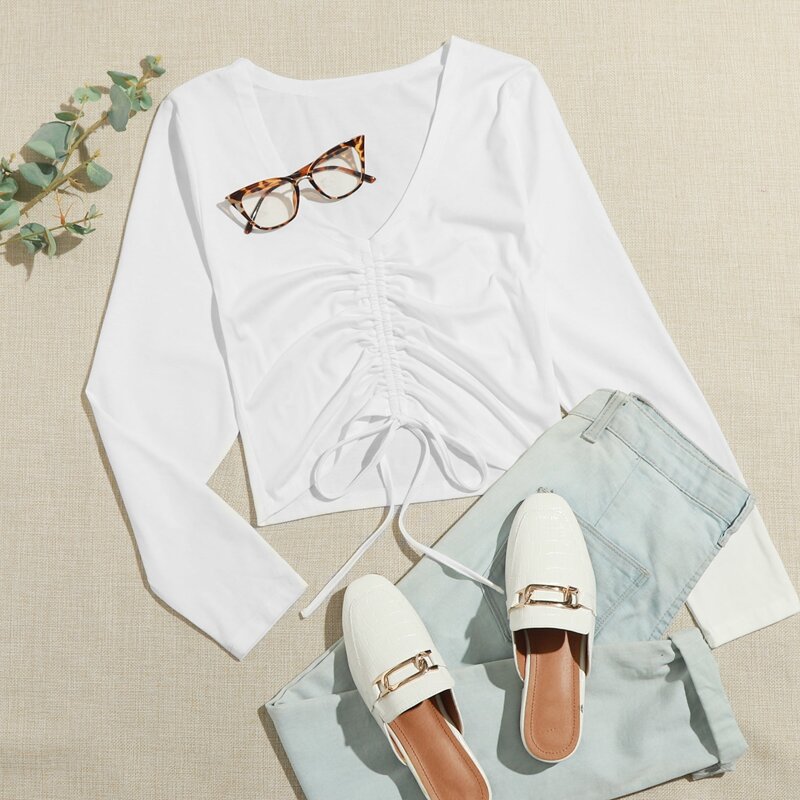 

Drawstring Front Crop Top, White