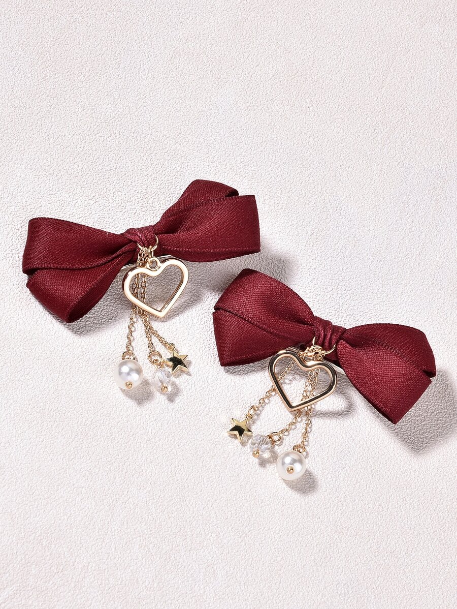 Cute 2pcs Women's Red Handmade Cloth Bowknot Hair Clip Headwear, For Daily Parties And Gatherings Valentine's Day Valentines - Red - View 1