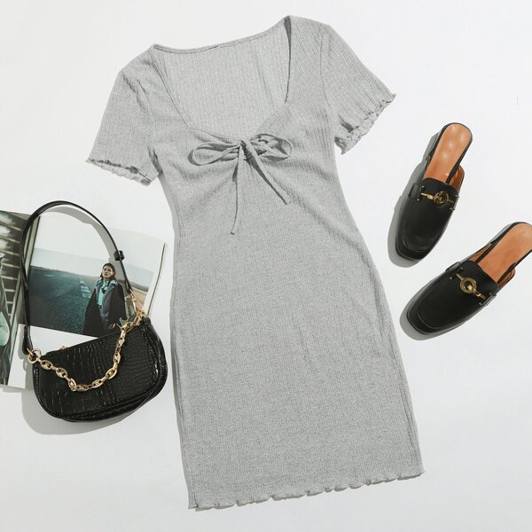 

Ruched Knot Front Lettuce Trim Rib-knit Dress, Grey