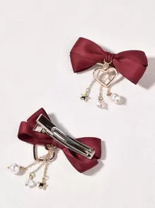 Cute 2pcs Women's Red Handmade Cloth Bowknot Hair Clip Headwear, For Daily Parties And Gatherings Valentine's Day Valentines - Red - View 2