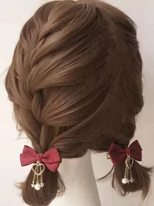 Cute 2pcs Women's Red Handmade Cloth Bowknot Hair Clip Headwear, For Daily Parties And Gatherings Valentine's Day Valentines - Red - View 3