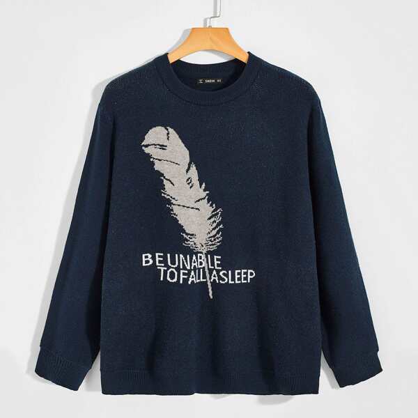 

Men Feather and Slogan Graphic Sweater, Navy blue