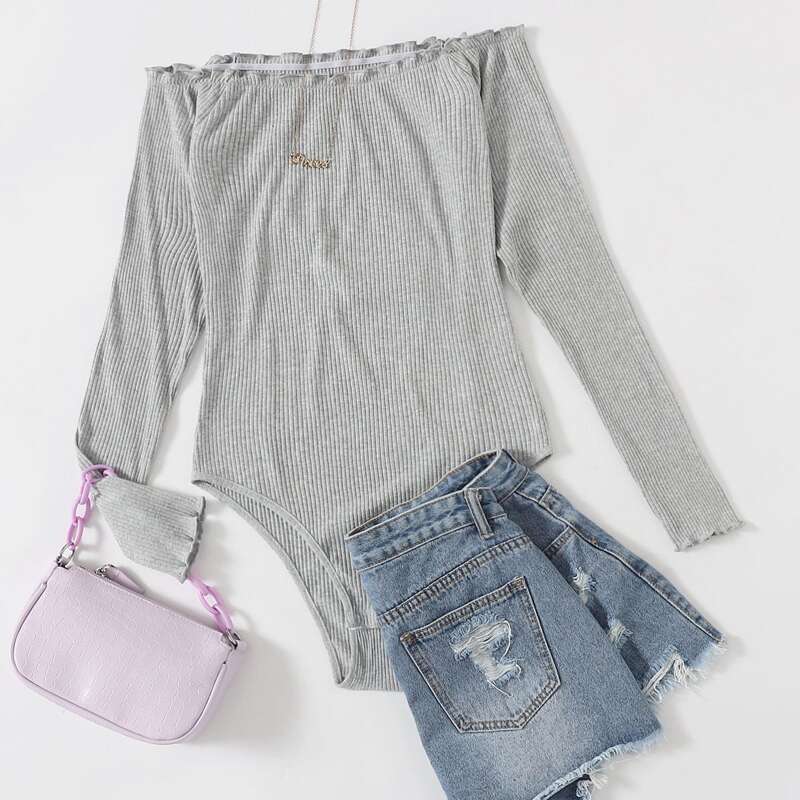 

Solid Lettuce Trim Tee Bodysuit, Light grey